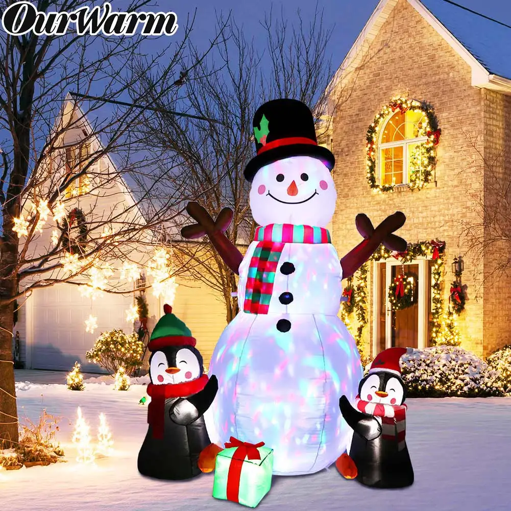 OurWarm 6ft Christmas Inflatables Outdoor Decorations For Home 2022 New Year Dolls Snowman Penguin Inflatable With Festoon Light