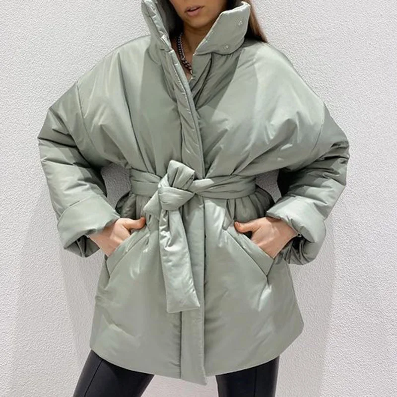 Winter Long Parkas Women 2022 Thick Warm Coat Lace Up Stand Collar Padded Jackets Female Casual Loose High Quality Outwear