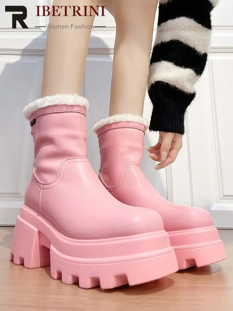 

Женские зимние ботильоны на платформе, теплые меховые сапоги на массивном каблуке, женские розовые сапоги до колена, Готическая Удобная Бре...