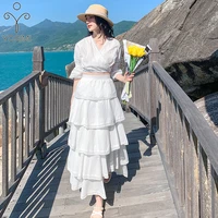 yosimi two piece sets suit women dress 2022 summer vintage v neck short sleeve white lace shirt and long skirt women skirt sets