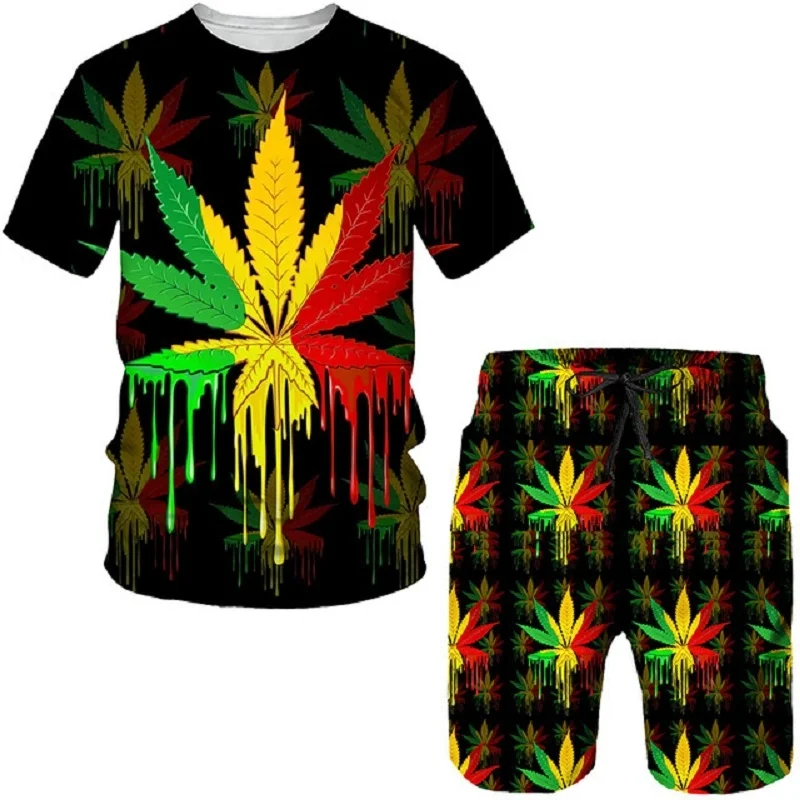 

Men's Summer Oversized Maple Leaf Printing Short Sleeved T-shirt 2-Piece Casual Tracksuits Set Hawaiian Shorts Jogging Clothes