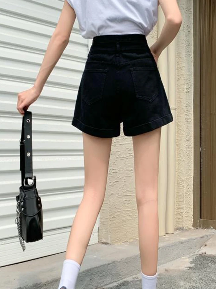 New Spring Summer Women High Waist Loose Black Denim Shorts Streetwear Female Single Breasted Jeans Shorts Bottoms