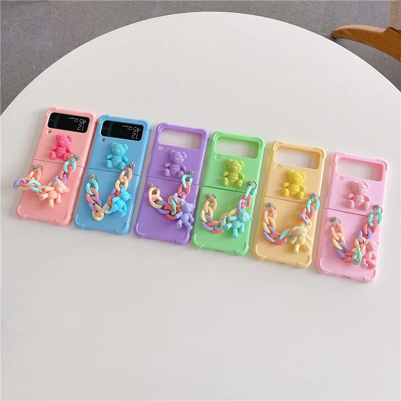 

Candy Color Bear Colorful Chains Phone Case for Samsung Galaxy Z Flip 3 Z Flip 4 Hard PC Back Cover for ZFlip3 ZFlip4 Case Shell