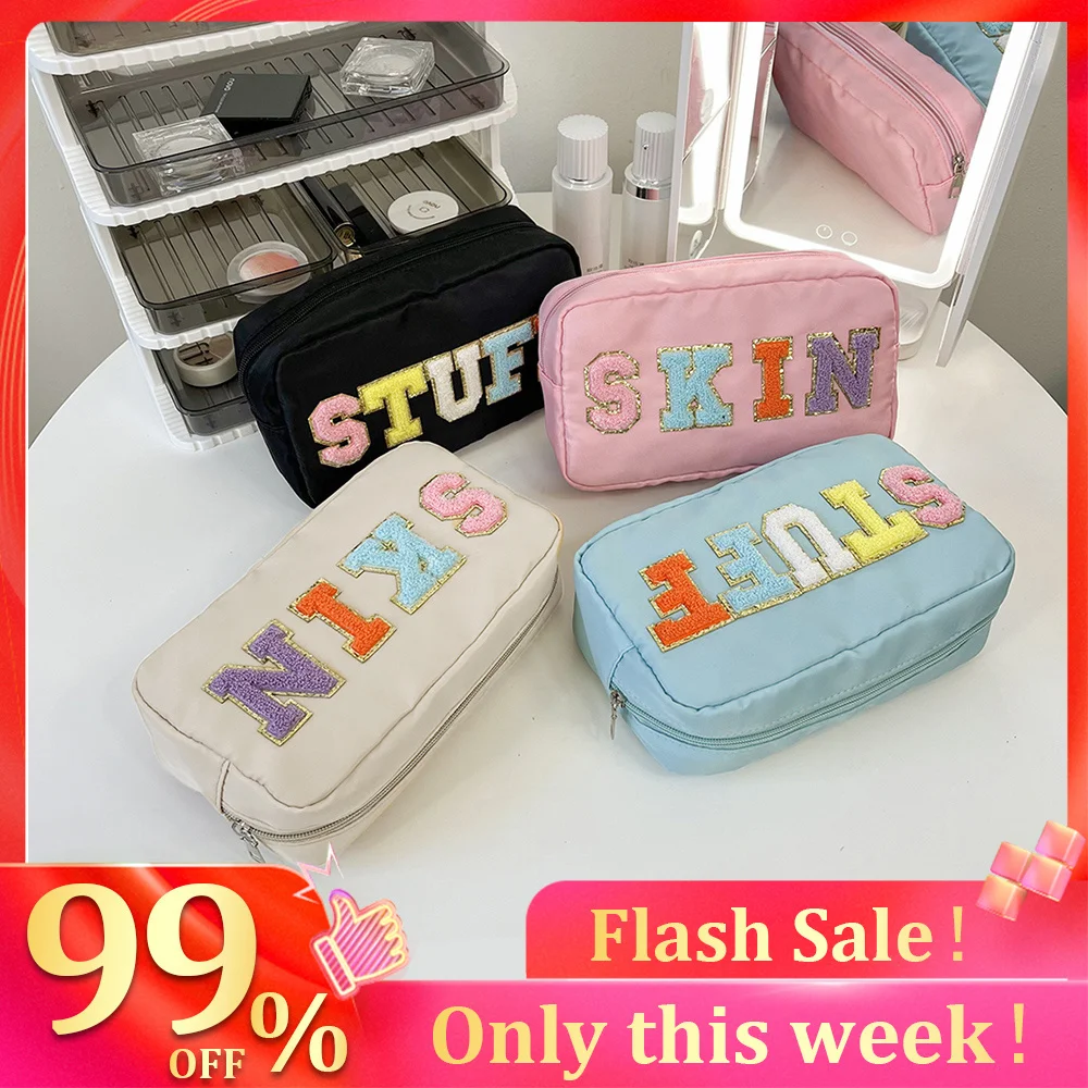 

Casual Toiletry Bag Embroidery Letter Patch Travel Organizer Portable Zipper Travel Makeup Pouch Waterproof Nylon for Lady Girls