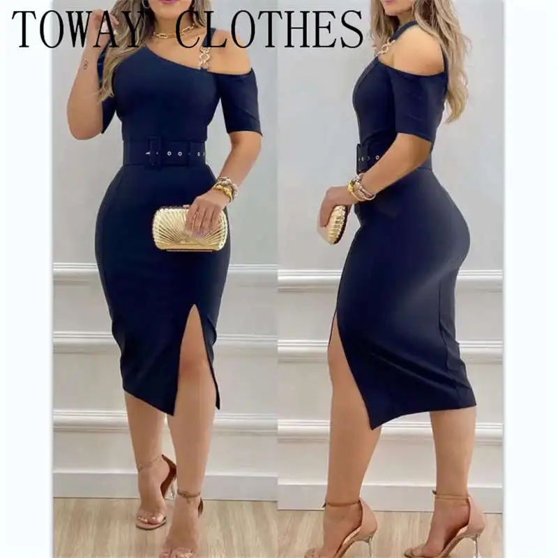 

Dress For Women 2022 Solid Plain Chain Strap Cold Shoulder Slit Belted Bodycon Dress