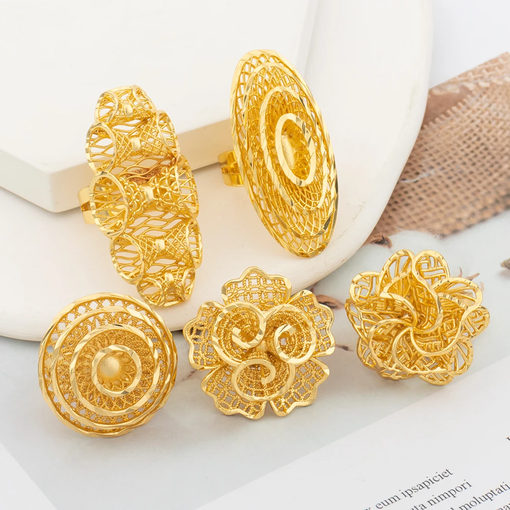 Cocktail Party Rings Jewelry Set for African Hollow Out Design Finger Ring Dubai Adjustable Bride Ring Engagement Weddings Rings