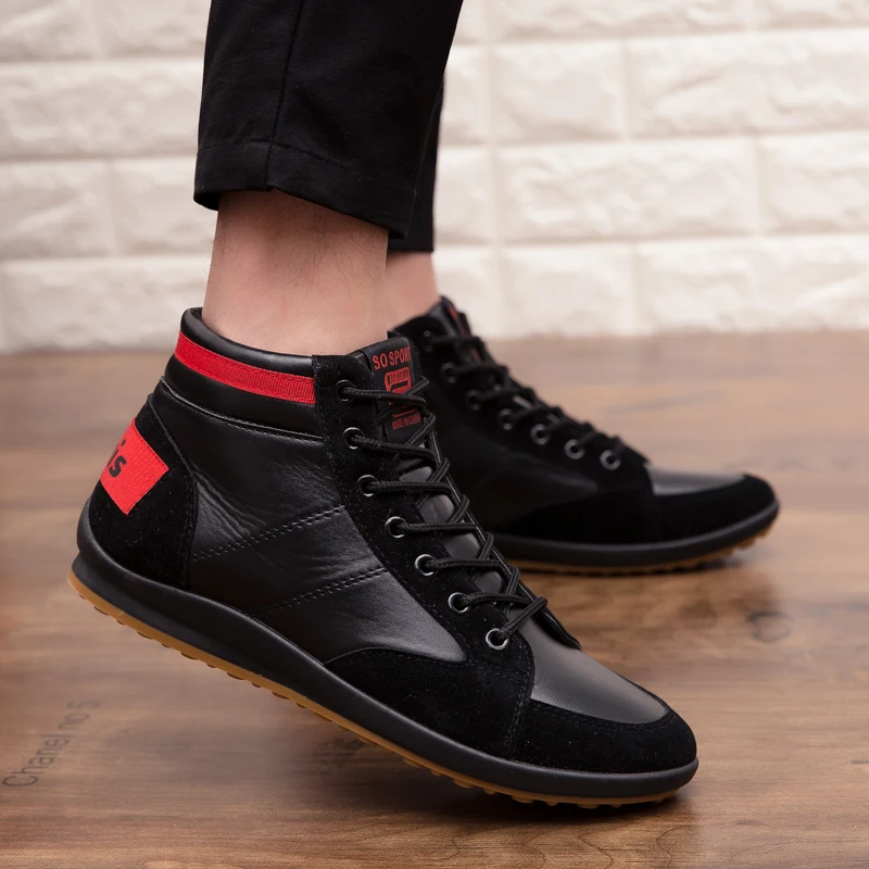 Men's PU Leather Boots Male Casual All Matching Spring Autumn Lace Up High Top Flat Shoes