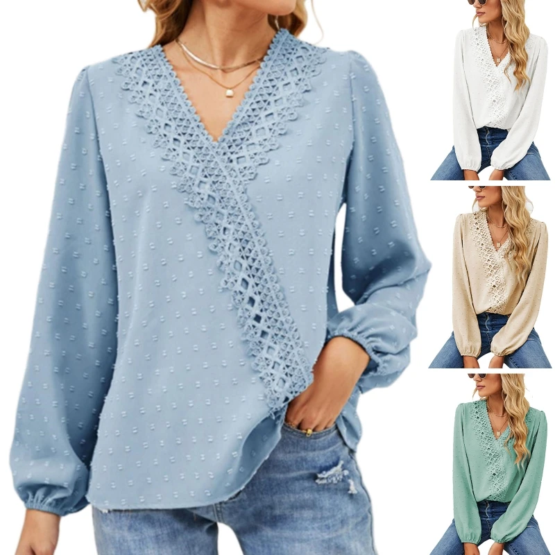 

Women Puff Long Sleeve Chiffon Blouse Sexy Wrap V-Neck Lace Trim Swiss Dot Shirt