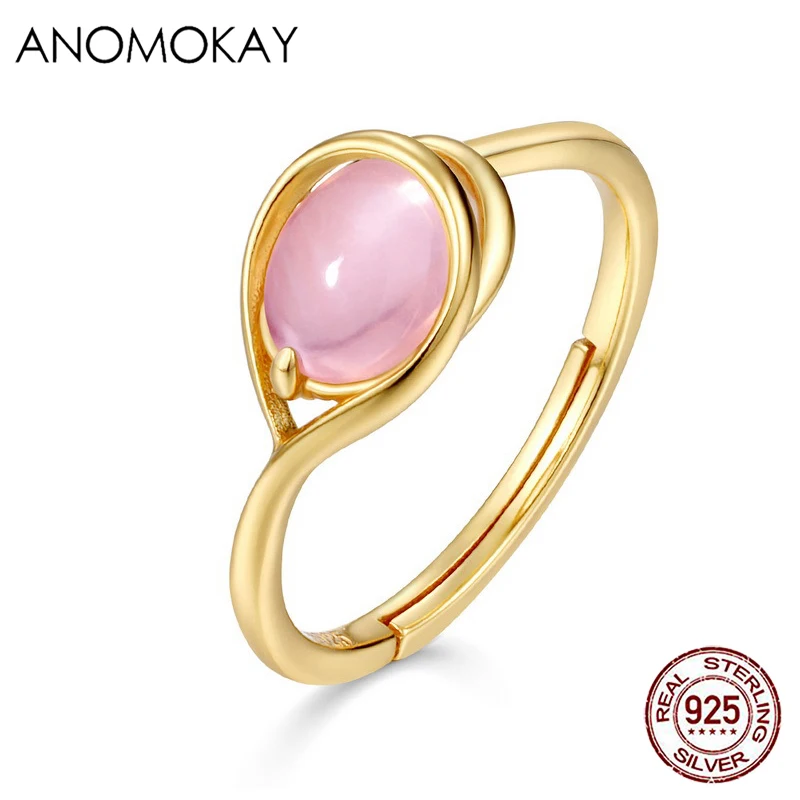 

Anomokay Natrue Pink Oval Crystal Gold Color Ring for Women Lovers Gift Water Drops 925 Sterling Silver Jewelry for Party
