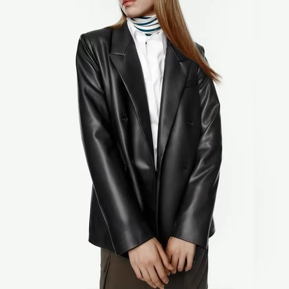 Fall new fashion women's handsome versatile lapel long sleeve double-breasted black imitation leather blazer