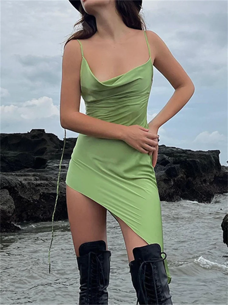 

2022 Spaghetti Strap Irregular Hem Mini Dress Women Sexy Backless Bandage Party Club Short Dress Beach Female Vestidos Clothes