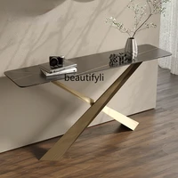 HJ Hallway Table Light Luxury Extremely Narrow a Long Narrow Table Art Side View Table Iron Art Stone Plate Wall Bar Table
