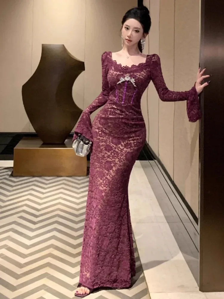 Платье-Русалка Женское кружевное с длинным рукавом