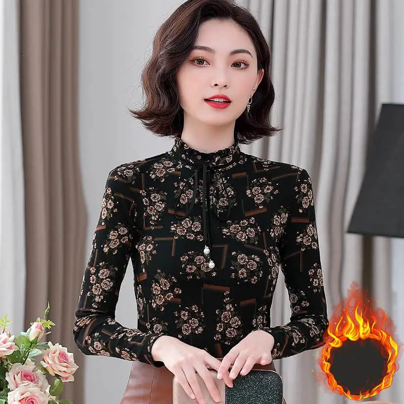 

2022 china traditional tang suit vintage fleece lined shirt chinese harakuju flower print women vintage shirt retro base shirt