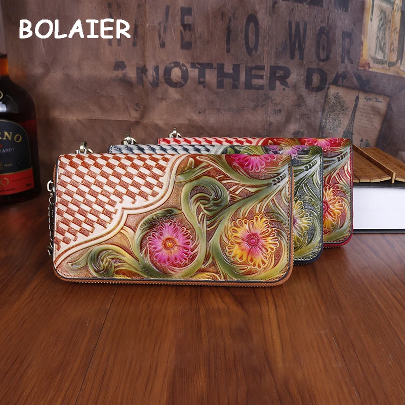 BOLAIER Women's Leather Wallet CARD HOLDER Universal coin purse Vintage Flower Clutch Leather Long Women's Bags money  clip  Fur