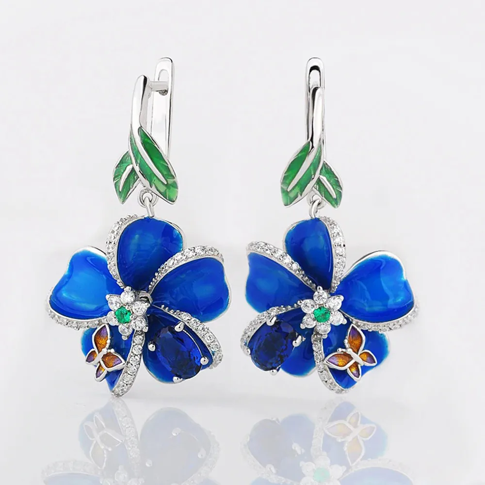 

Huitan Newly Designed Blue Flower Dangle Earrings Women Aesthetic Bridal Wedding Party Ear Earrings Fancy Gift Statement Jewelry