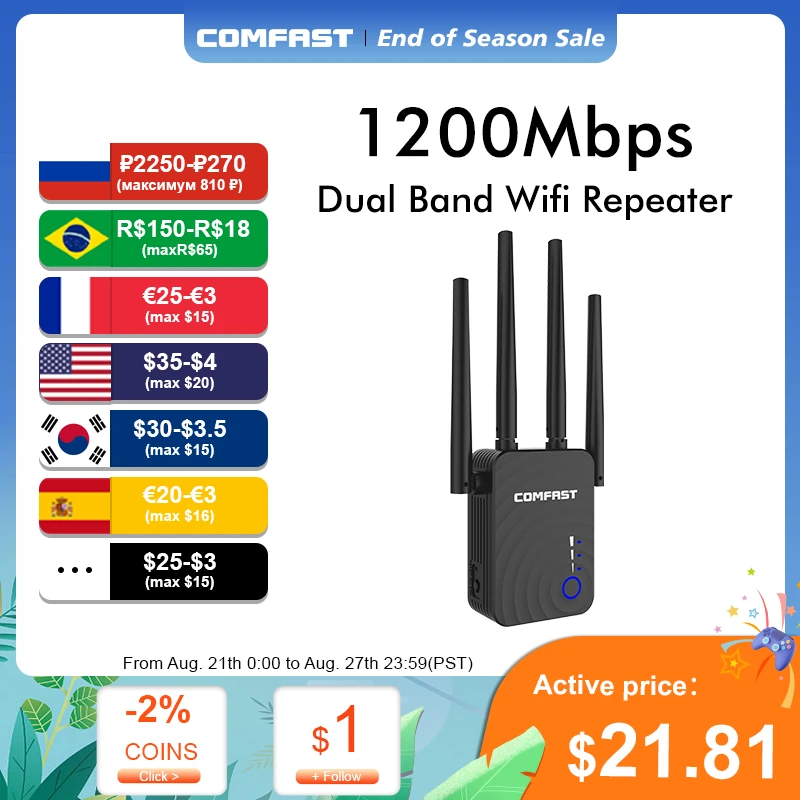Comfast 1200Mbps Wireless Wifi Extender Wifi Repeater/Router Dual Band 2.4&5.8Ghz 4 Wi fi Antenna long Range Signal Amplifier AP