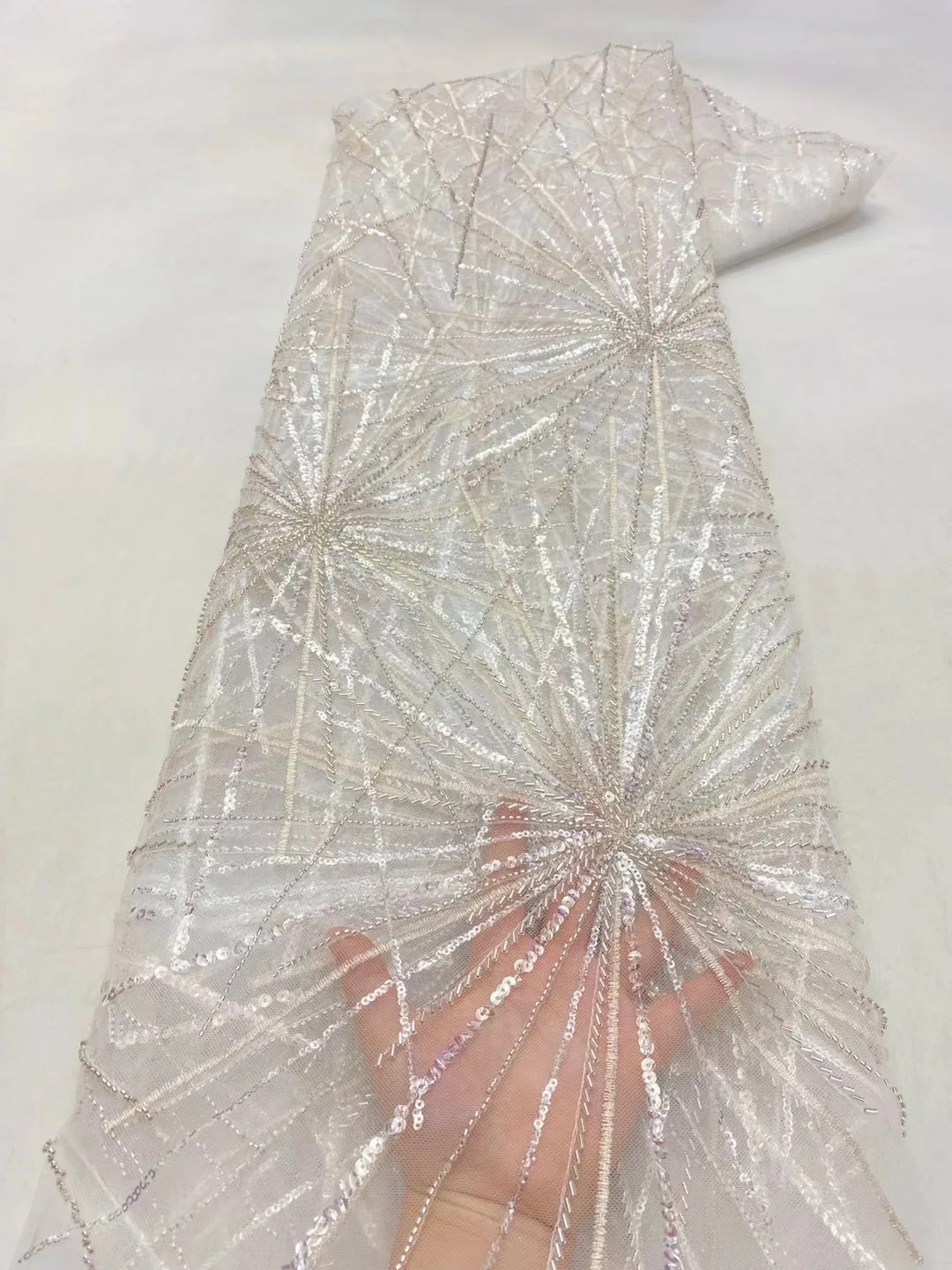 

White Handmade Beaded French Mesh Lace Fabric Latest Nigerian High Quality Sequins Tulle Laces Embroidery For Bride Wedding Sew