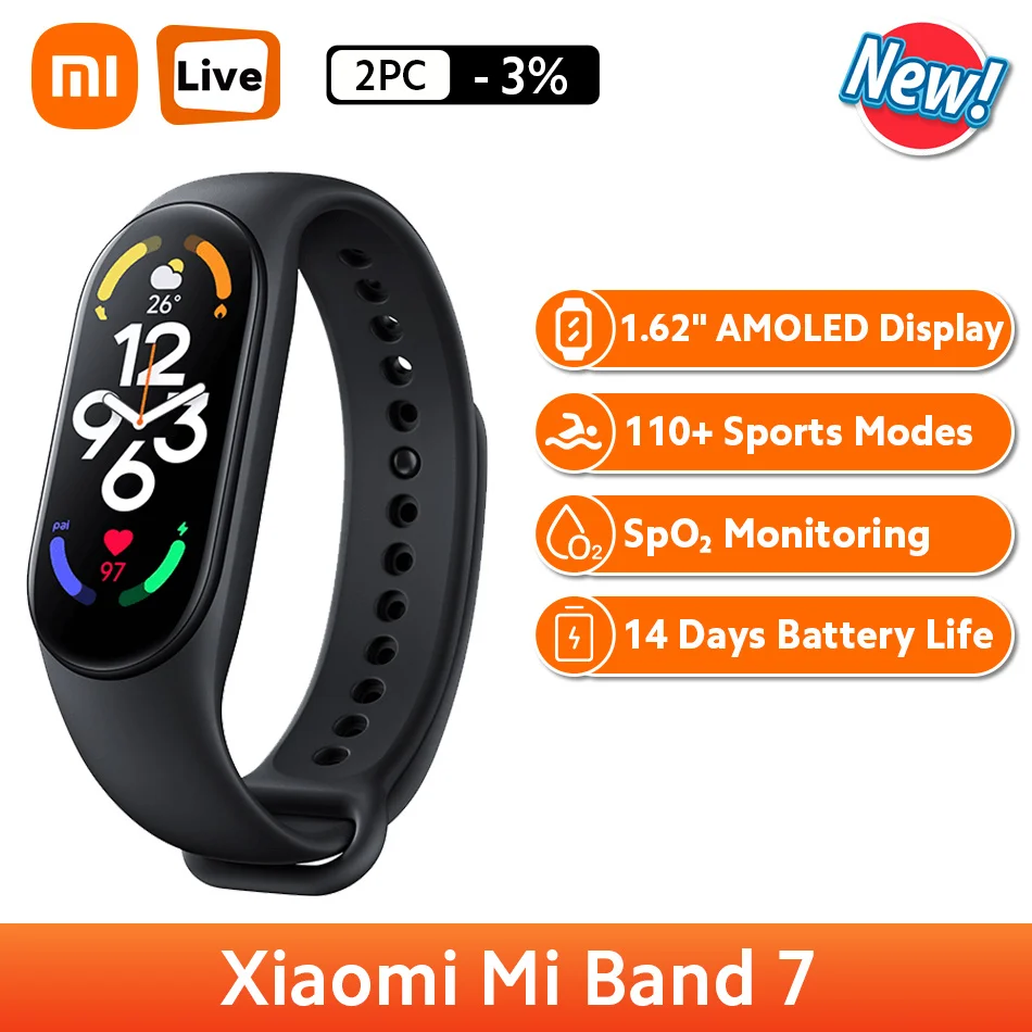 

Xiaomi – Bracelet connecté Mi Band 7, 6 couleurs, AMOLED, capteur d'activité physique avec suivi du taux d'oxygène dans le sang,