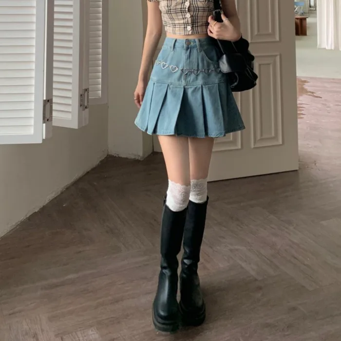 Летние женские джинсовые юбки с высокой талией плиссированные в стиле Харадзюку