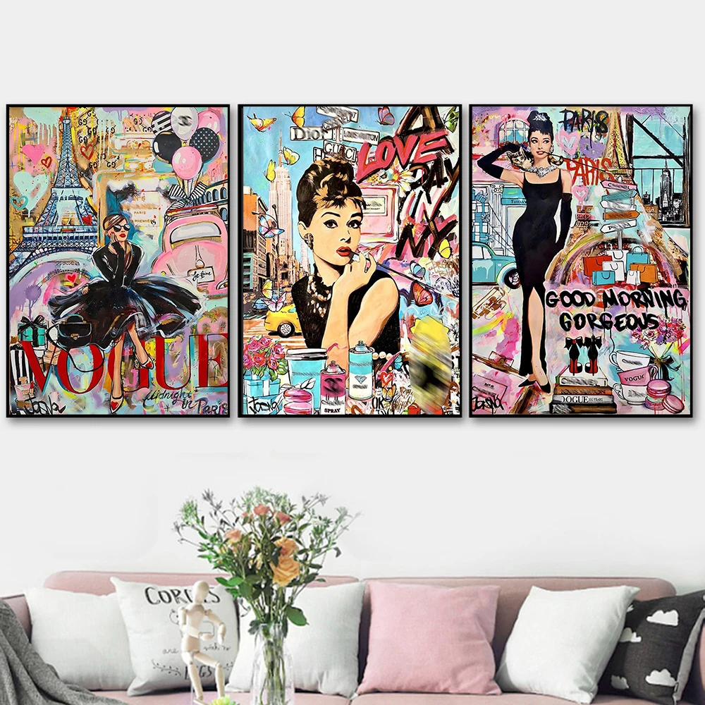 

Современный модный постер для девушек в стиле поп-арт, граффити, Одри Хепберн, холст, абстрактная картина на стену, гостиная, домашний декор