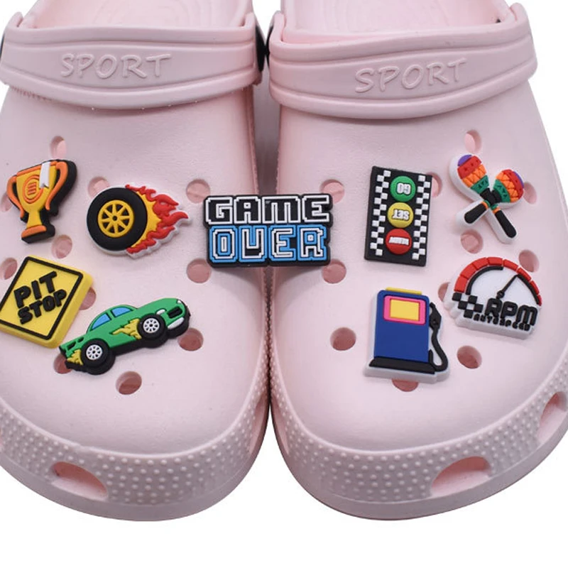 

Wholesale 1pcs PVC Shoe Charms for Crocs Racing Sport Accessories Badge Boy Clogs Buckle Kids Pins Decoration Jeans X-mas Gift