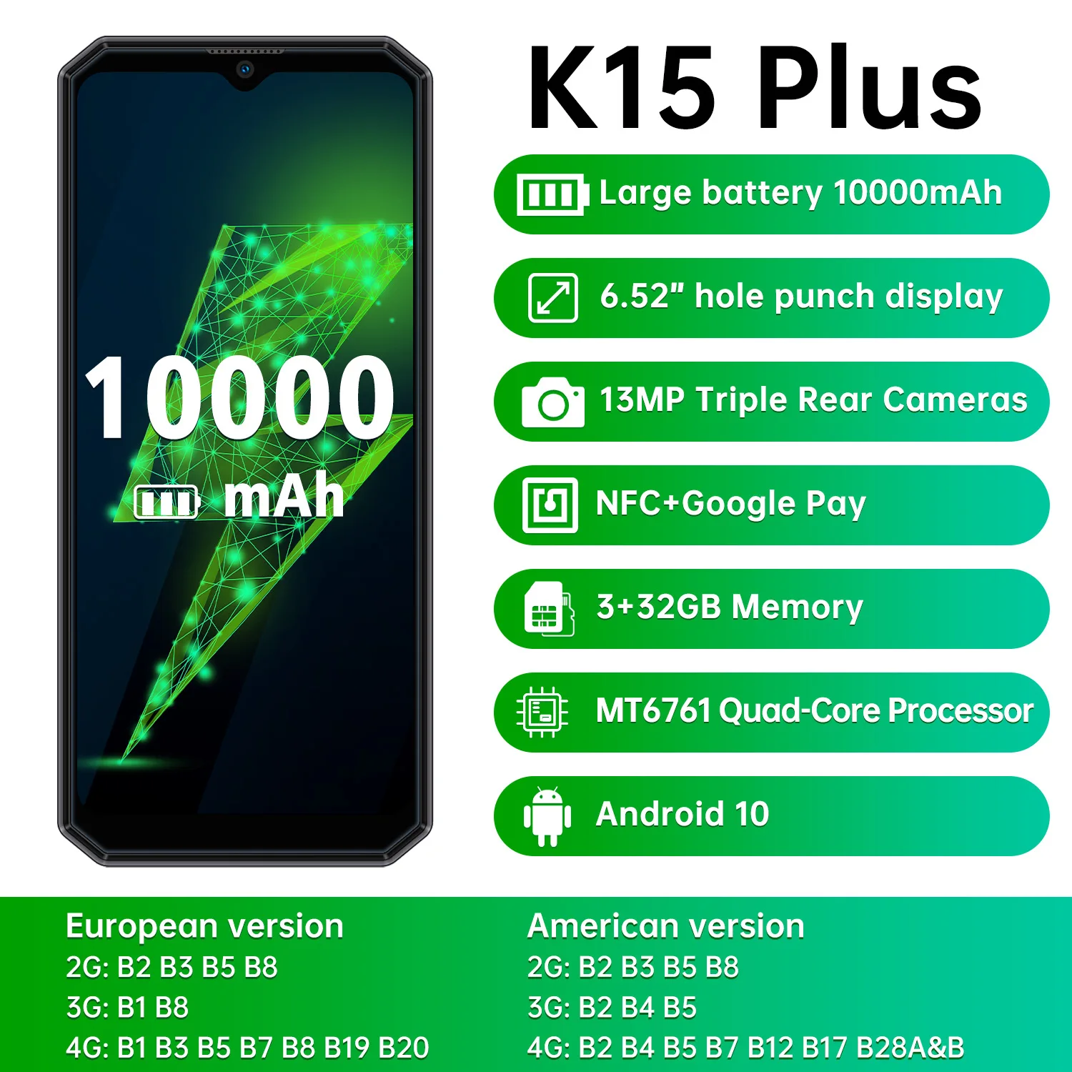 OUKITEL K15 Plus 10000mAh 6.52'' Display Android 10.0 Smartphone  4GB+32GB 13MP Triple Rear Cameras NFC Mobile Phone