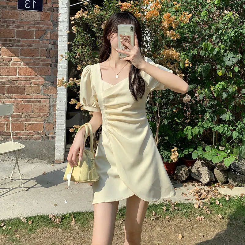

Solid Large Size Casual Women's Dresses Summer Korean Style Short Sleeve Retro Loose High Waist Dress Elegant Female Clothing