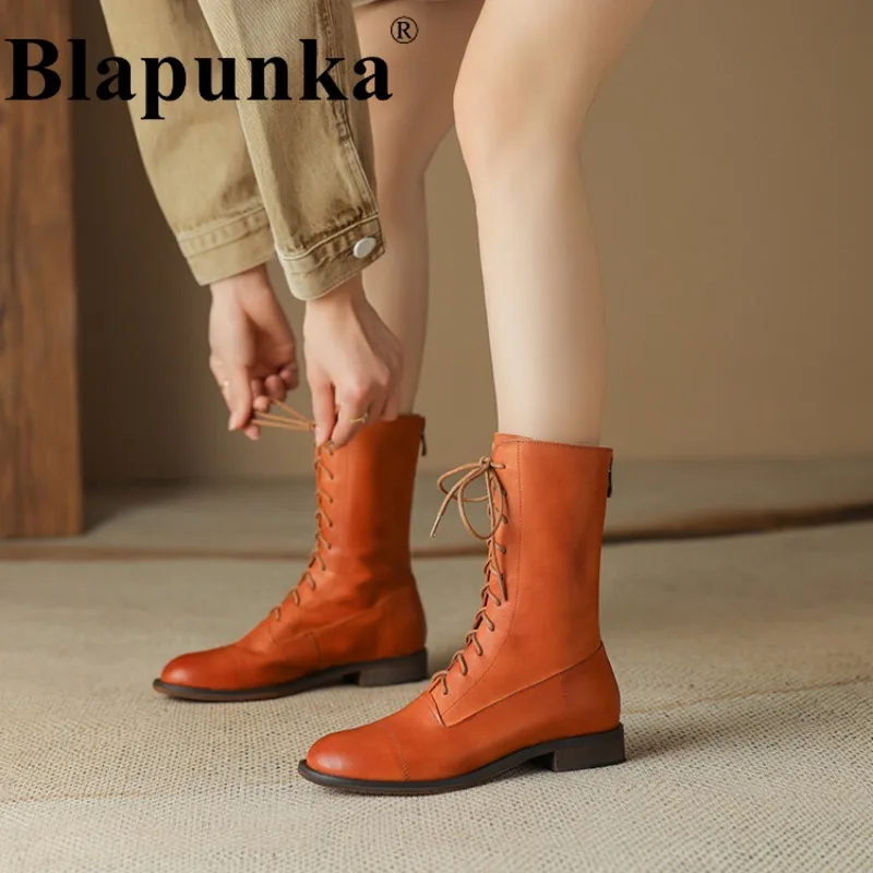 

Женские ботинки из натуральной кожи Blapunka, черные короткие ботинки с круглым носком, на молнии сзади, на шнуровке, ботинки в стиле ретро на низком каблуке для осени и зимы,