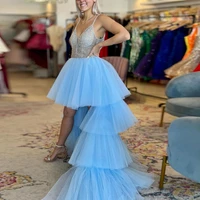 sky blue prom dress 2022 new shinny spaghetti strap v neck hi low tulle tiered long party gown with sweep train evening dress