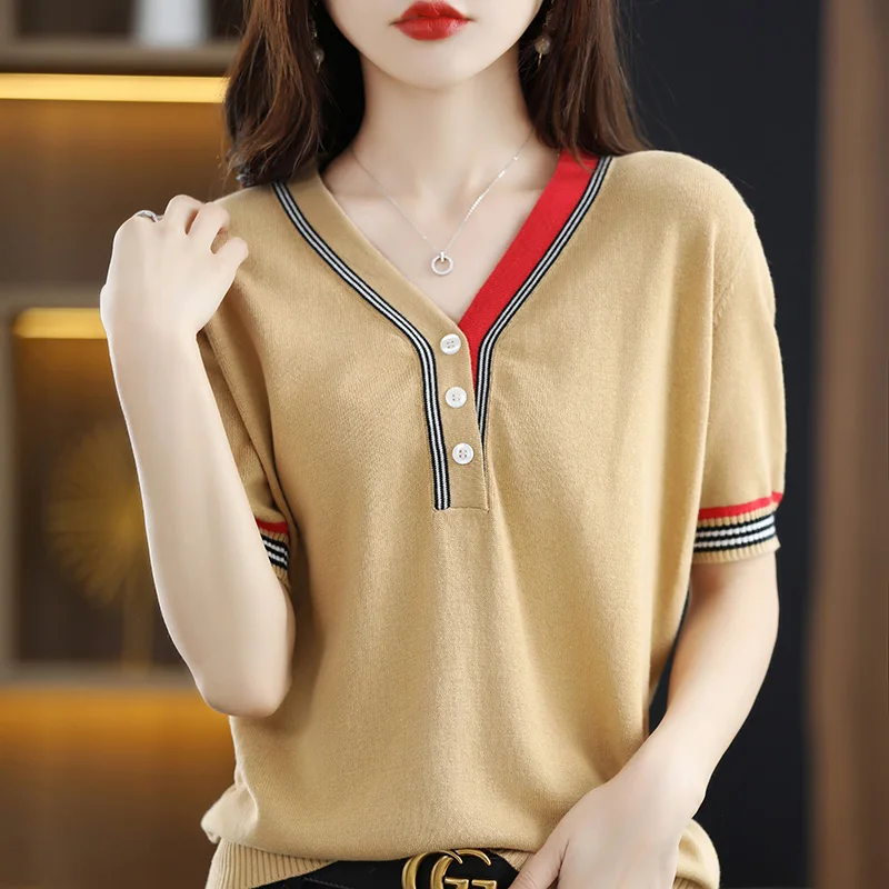 

Summer New Sweater Short Sleeve Pullover Cotton V-Neck Plus Size Ladies Short Sleeve T-Shirt Best Ladies Cotton Sweater Tank Top