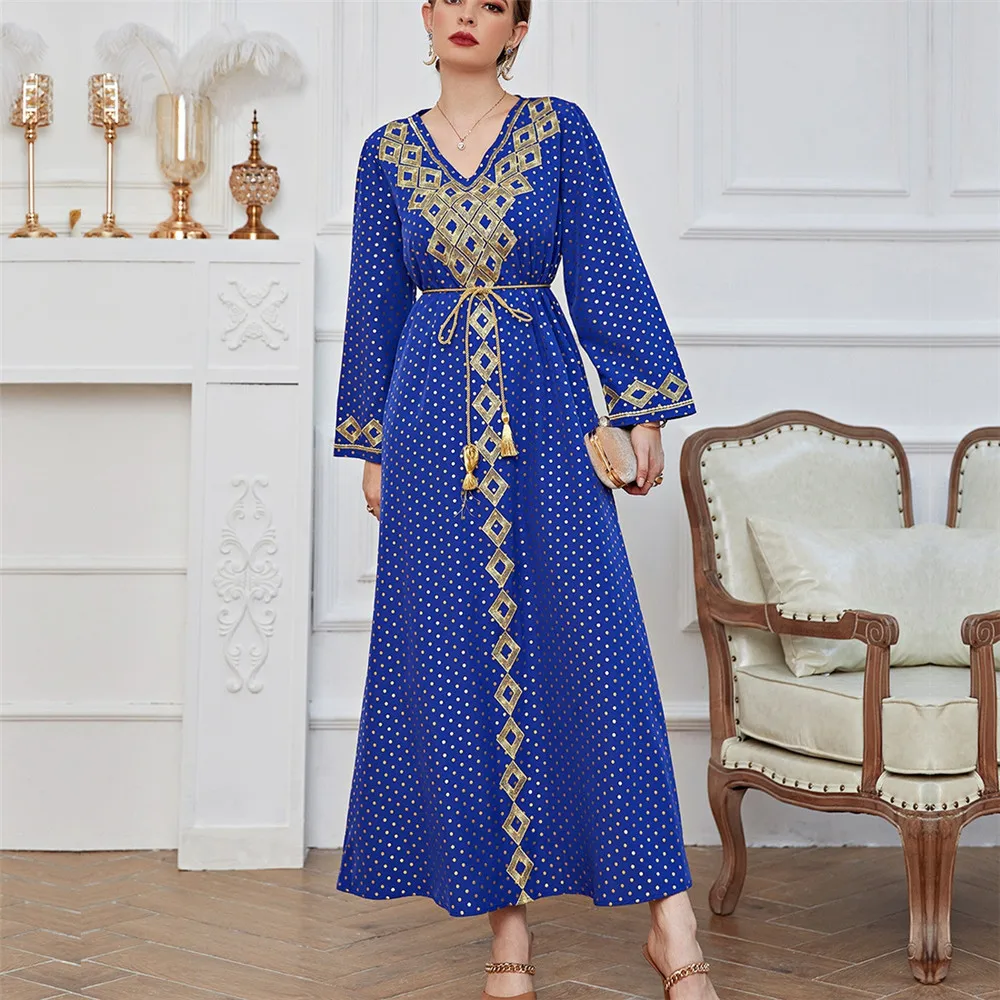 Женское модное муслиновое платье Дубай, Элегантное повседневное лоскутное платье с длинным рукавом и вышивкой, женское платье с V-образным ...