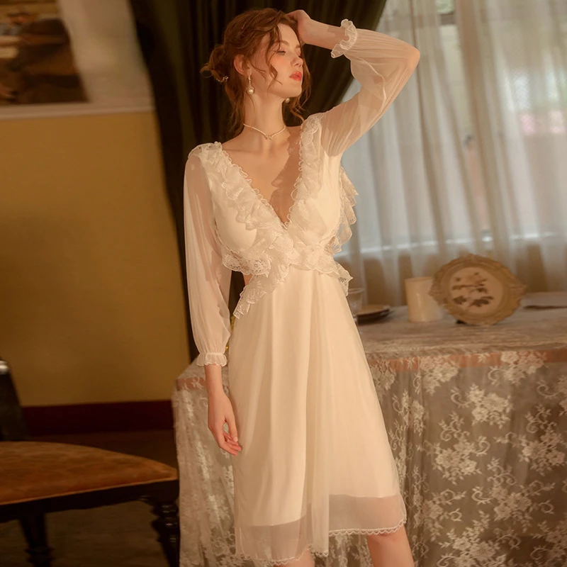 New Lace Mesh Pajamas Nightgown Long Sleeve Night Dress Sexy Sleepwear Women Backless Nightwear Night Gown Female Homewear