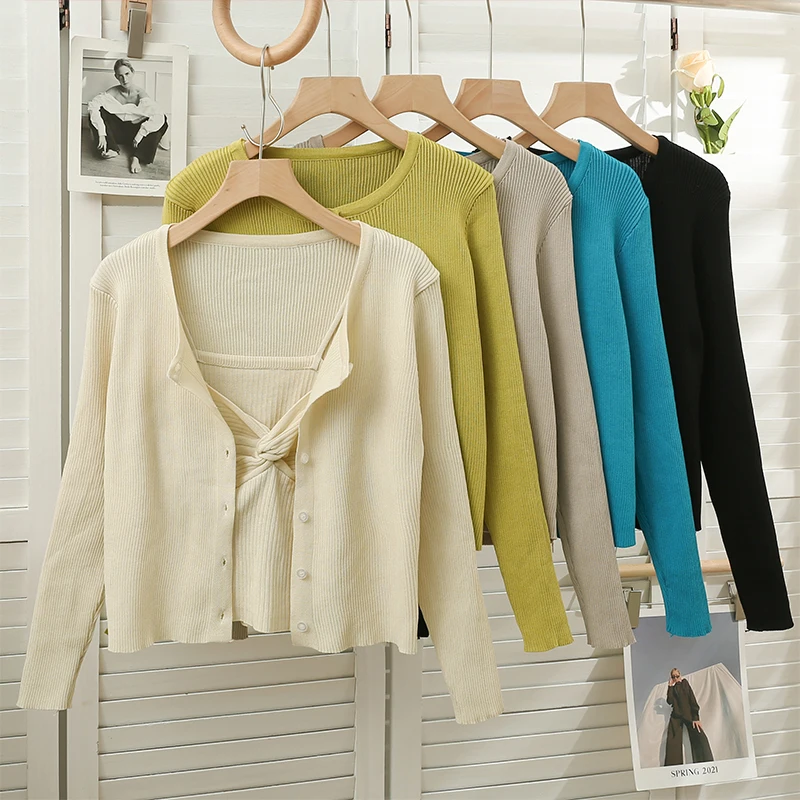 

Autumn Long Sleeve Sweaters Casual O-Neck Single Breasted Cardigans+Pleated Knitted Crop Tanks Tops Korean Fashion Women Sets