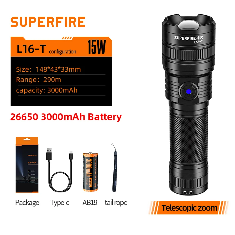 

New SUPERFIRE L16-T Powerful LED Flashlight USB Rechargeable 26650 Zoom Torch Flash Light Tactical Lantern for Camping Fishing