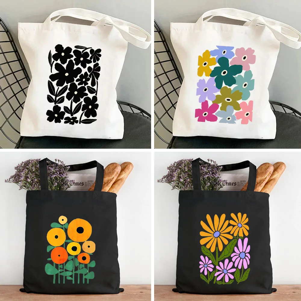 

Retro Garden Flowers 60s 70s Spring Floral Groovy Daisy Sunflower Women Canvas Shoulder Cotton Tote Bag Shopper Shopping Handbag