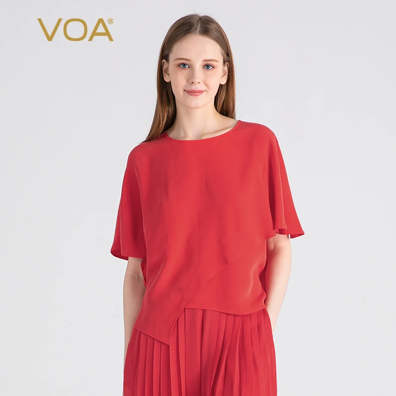 

(Fans Exclusive Discount) VOA Heavyweight Silk O-neck Bat Short Sleeve Loose Tops Simple Red Silk T-shirt Women Clothes BE1510