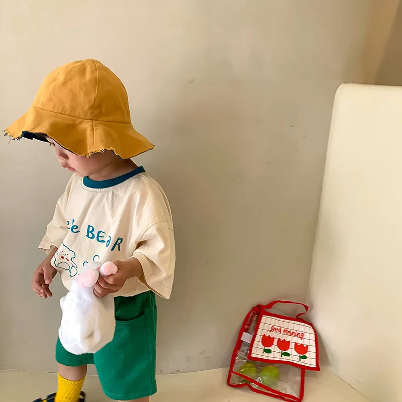2022 New Summer Children Short Sleeve T Shirt Cotton Boys Bear Print T Shirts Fashion Girls Cartoon Tee Cotton Kids Tops Clothes