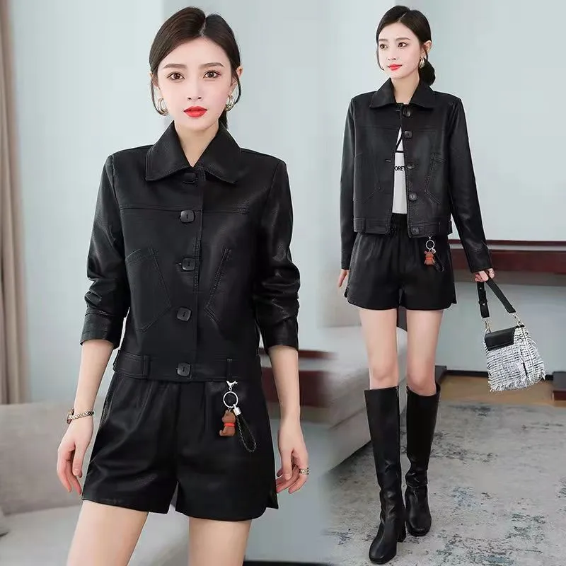 Leather Coat Women's 2022PU Leather Coat Korean Fashion Slim Fashion Short Motorcycle Suit Short Skinny Girl's Coats
