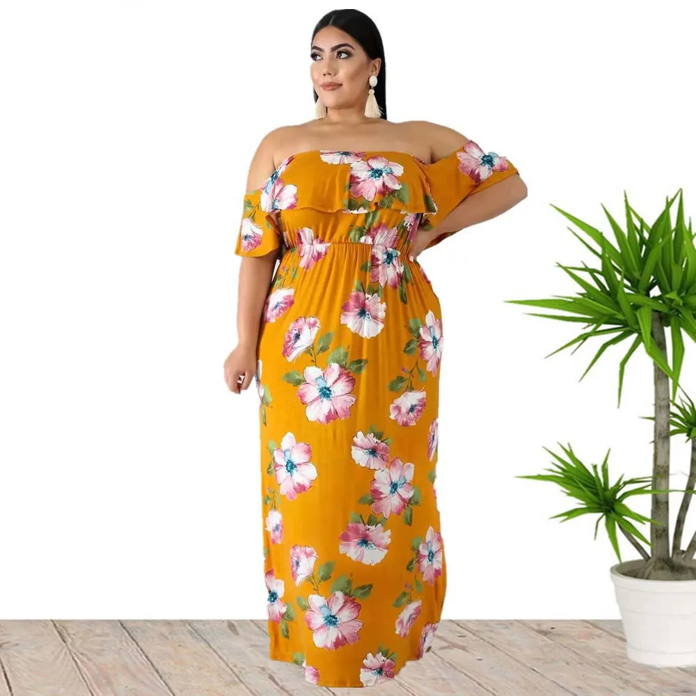 

Women's Plus Size Dress Bohemian Print Flat Neck Fat Ladies Beach Dress Over Size Western Style Summer 2022