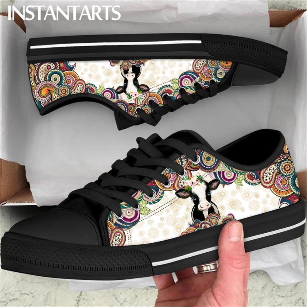 

Brand Design Bohemia Style Cow Printing Ladies Flat Shoes Lightweight Lace-up Low Top Canvas Shoes for Women Vulcanized Footwear