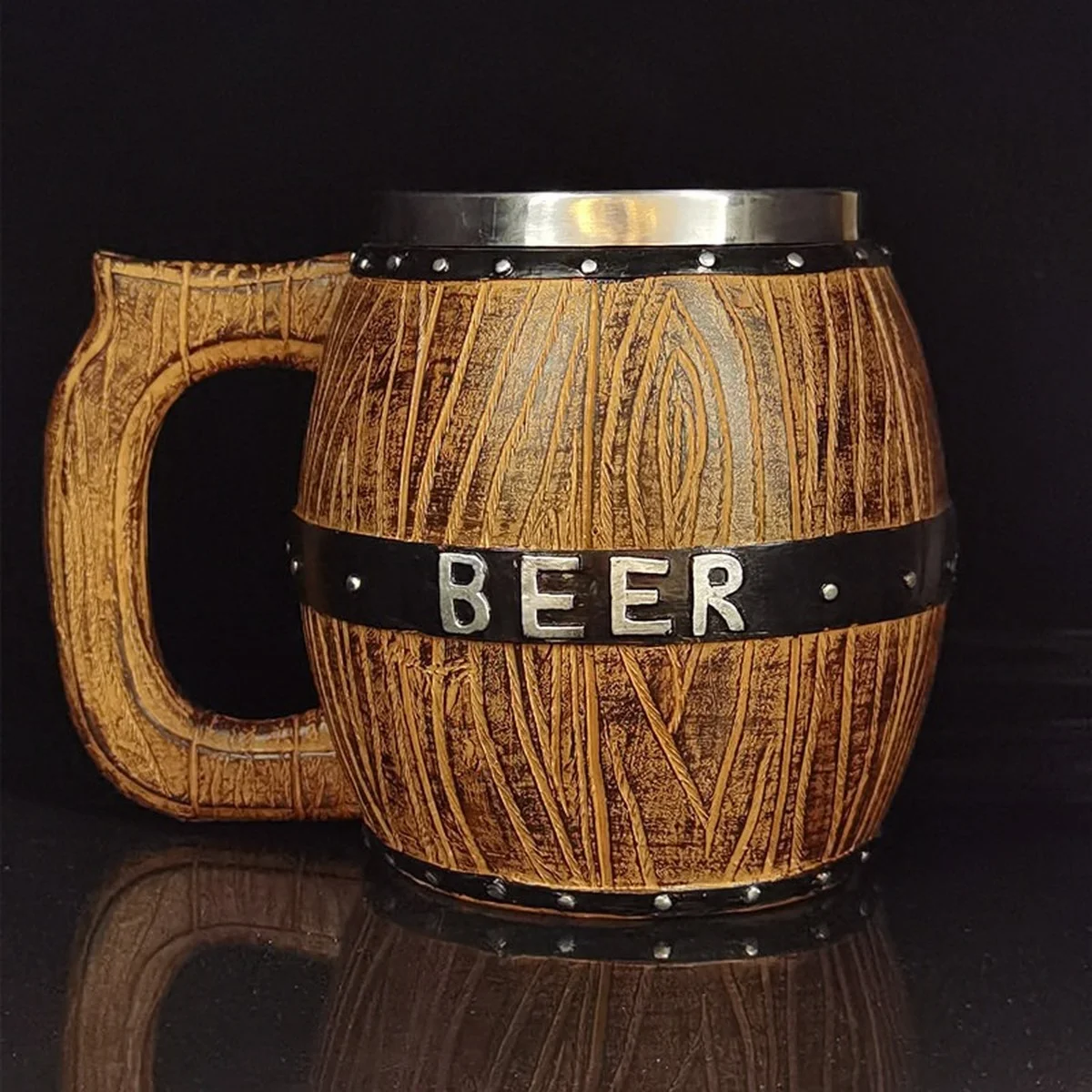 

450/550ml Creative Oak Barrel Beer Mug Retro Simulation Wooden Barrel Large Capacity Stainless Steel Beer Drinking Glass