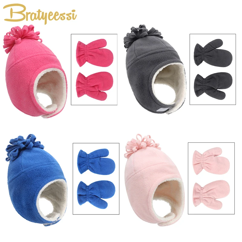 

Fleece Baby Winter Hat Gloves Set Warm Ears Infant Bonnet Baby Boy Cap Kids Accessories Children Girl Hats 1-4Y