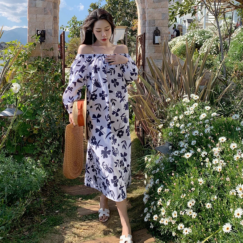 

Summer Women's Party Dresses Long Sleeves Floral Printing Vacation Beach Style Elegant Loose Female High Waist A-LINE Clothing