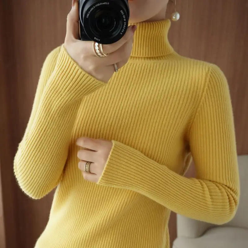 

Женский вязаный свитер с высоким воротником, однотонный базовый Повседневный облегающий пуловер в Корейском стиле, простые Джемперы для осени и зимы, V307