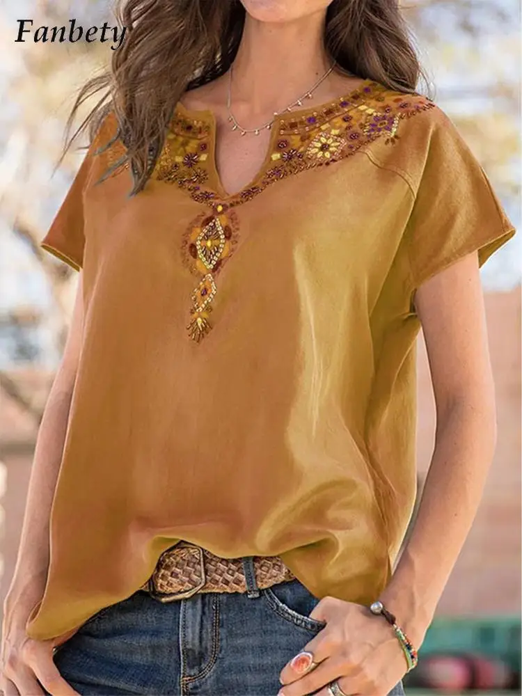 

Women Vintage Pattern Print Blouse Shirts 2022 Summer Fashion V Neck Pullover Tops Ladies Casual Short Sleeve Blusa Streetwear