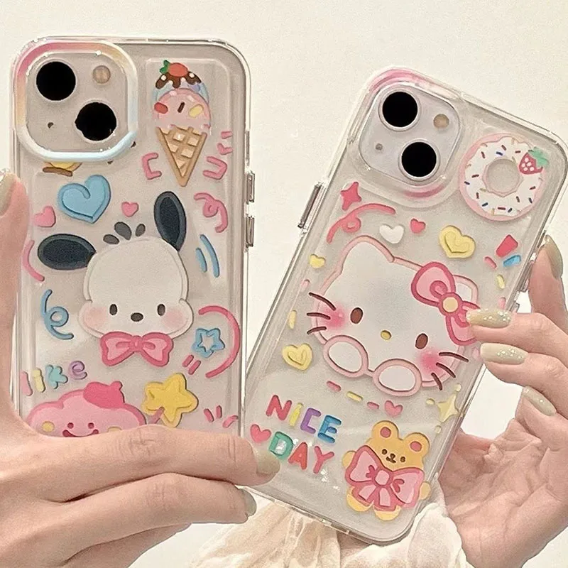 

Kawaii Sanrio Phone Case Hello Kittys Pachacco Cartoon Clear Soft Tpu Phone Case for Iphone 14 13 12 11 Pro Max Girls Cute Case