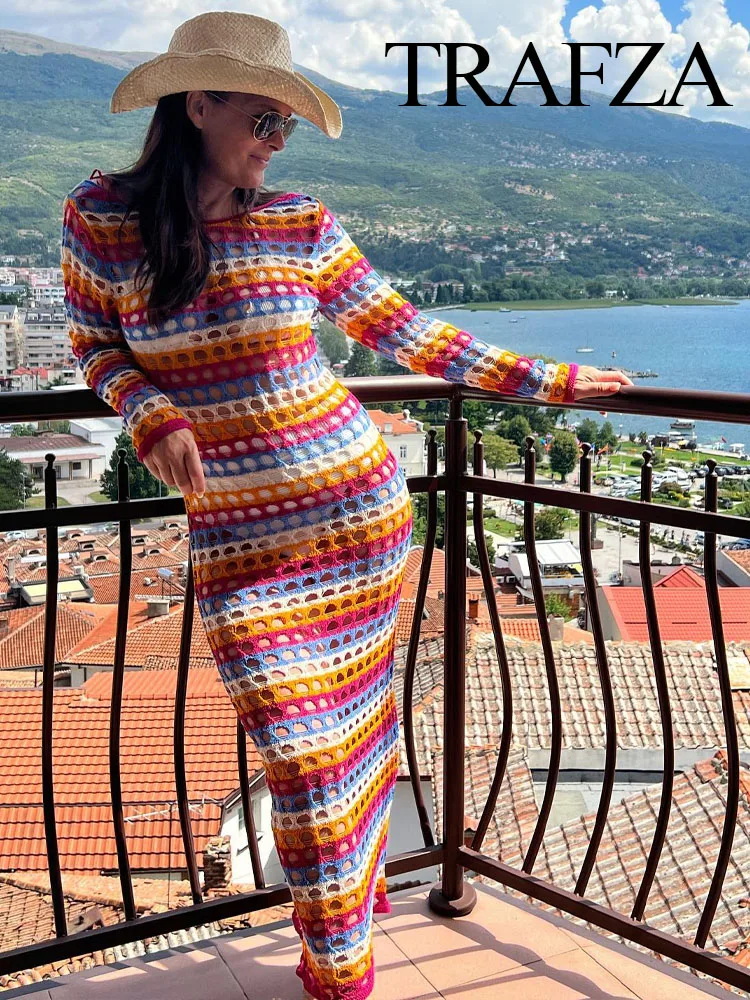 

Платье женское длинное в полоску, с V-образным вырезом и длинным рукавом