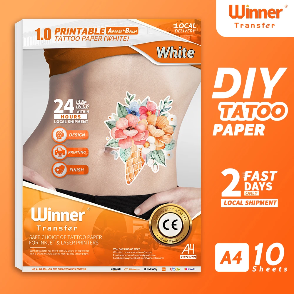 WinnerTransfer White Tattoo Printing Paper Printable Transparent Temporary Tattoos For Laser&Inkjet Printer A4 10sheets