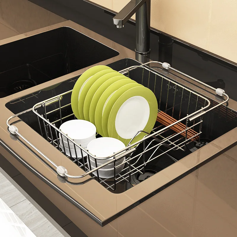 

Adjustable 304 Stainless Steel Kitchen Sink Drain Basket Dish Drying Rack Plate Drainer Shelf Tableware Dry Holder Organizer